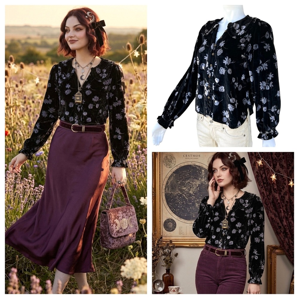 Pilcro Anthropologie Keira Velvet Burnout Blouse Black Witchy Peter Pan Collar M - Picture 16 of 17